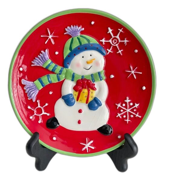 Red Christmas Canape/Dessert Serving Plate with Adorable Snowman 8" EUC - Picture 1 of 9